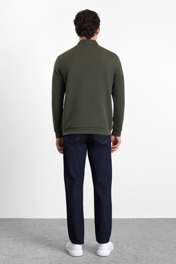 Haki Regular Düz Baskılı İnterlok Dik Yaka Cepsiz Sweatshirt