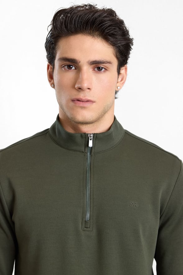 Haki Regular Düz Baskılı İnterlok Dik Yaka Cepsiz Sweatshirt