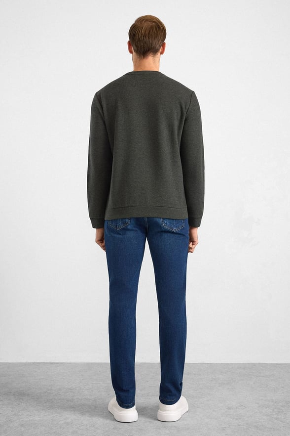 Haki Regular Düz Bisiklet Yaka Sweatshirt