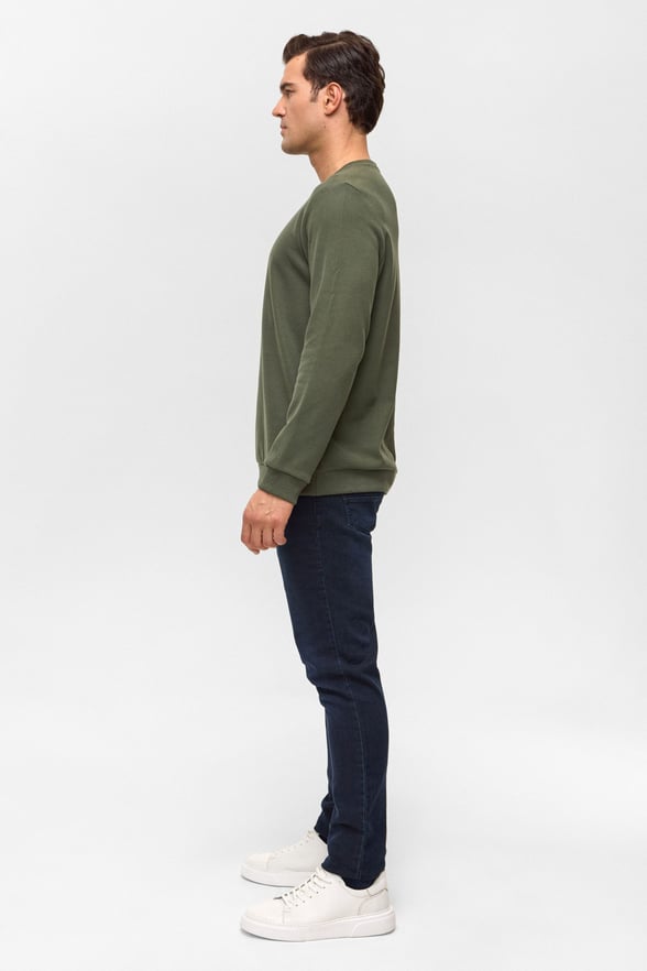 Haki Regular Düz Bisiklet Yaka Sweatshirt