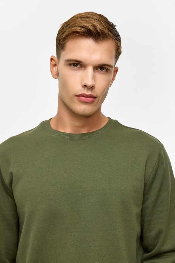 Haki Regular Düz Bisiklet Yaka Sweatshirt
