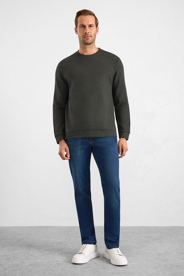 Haki Regular Düz Bisiklet Yaka Sweatshirt