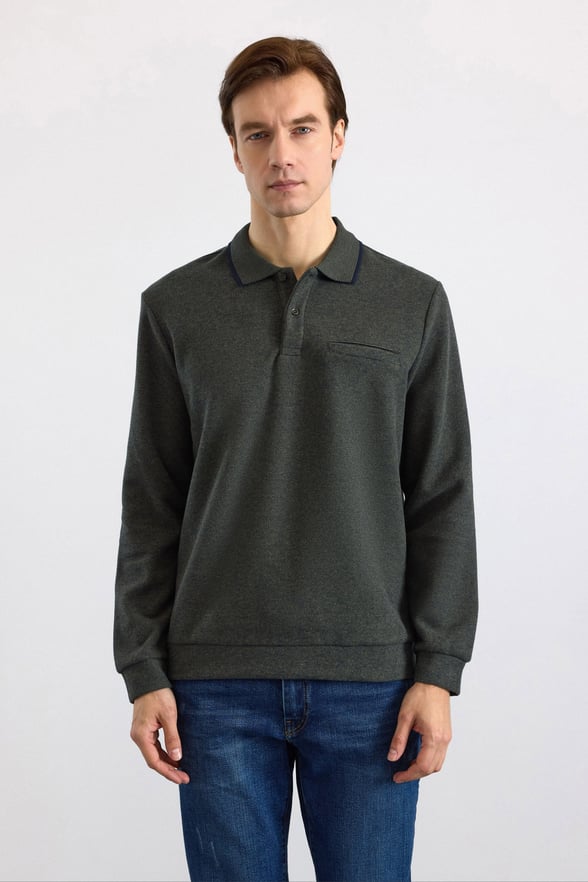 Haki Regular Düz Fermuarlı Polo Yaka Sweatshirt