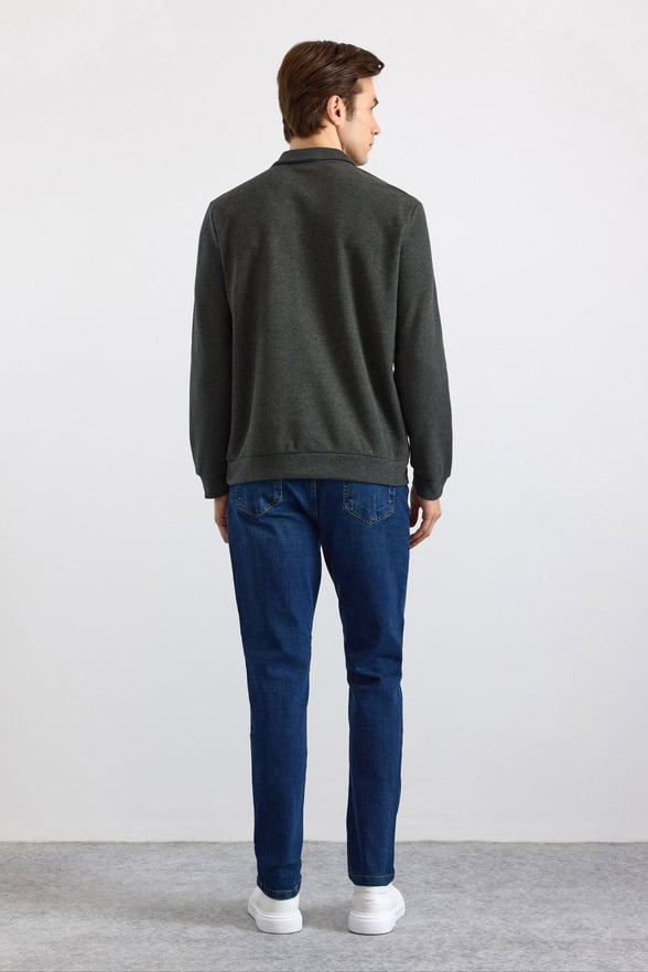 Haki Regular Düz Fermuarlı Polo Yaka Sweatshirt