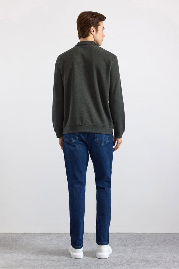 Haki Regular Düz Fermuarlı Polo Yaka Sweatshirt