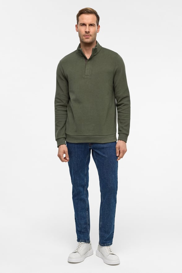 Haki Regular Düz Polo Yaka Sweatshirt