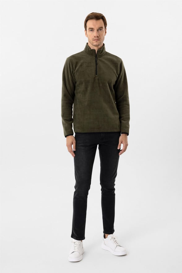 Haki Regular Düz Sivri Yaka Sweatshirt