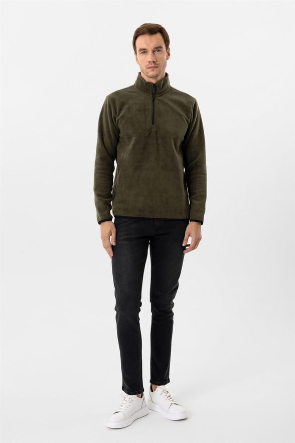 Haki Regular Düz Sivri Yaka Sweatshirt