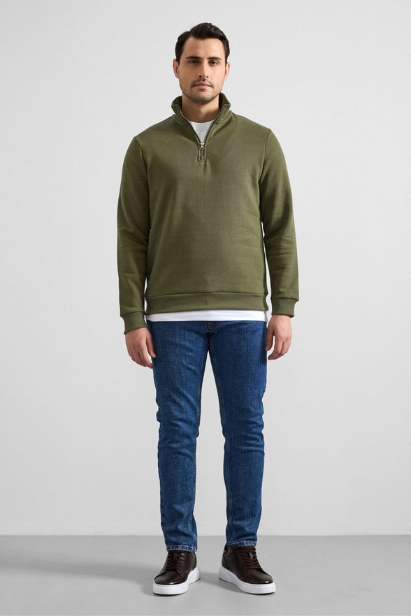Haki Regular Düz Yarım Balıkçı Yaka Sweatshirt