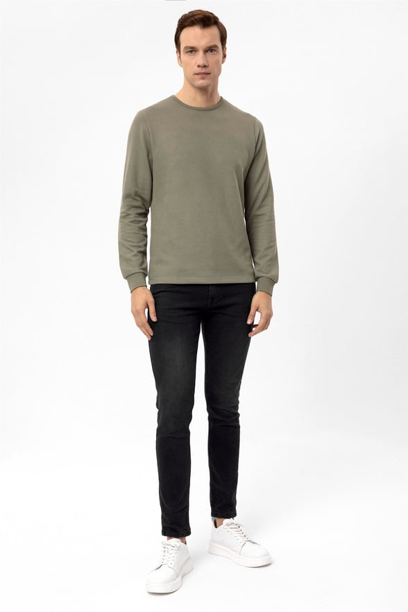 Haki Slim Armürlü O Yaka  Sweatshirt