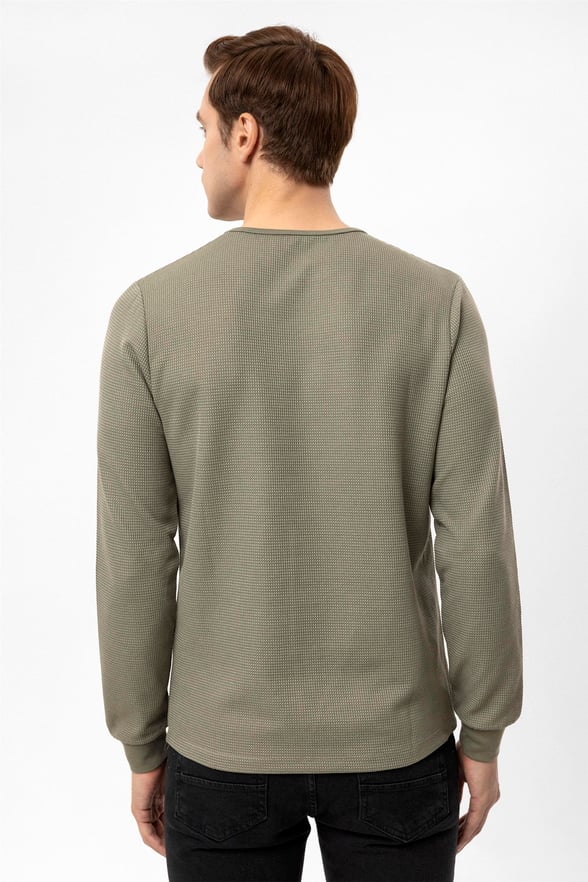Haki Slim Armürlü O Yaka  Sweatshirt
