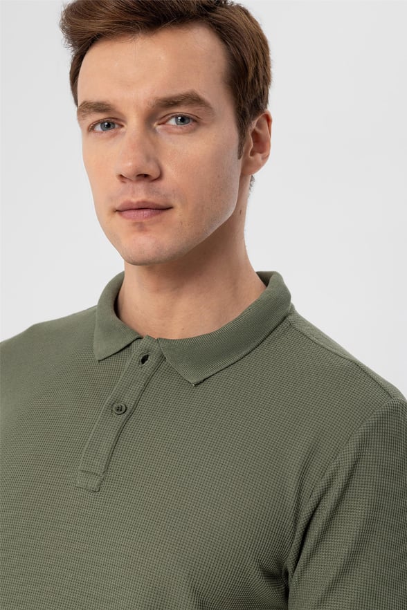 Haki Slim Armürlü Polo Yaka  Tişört