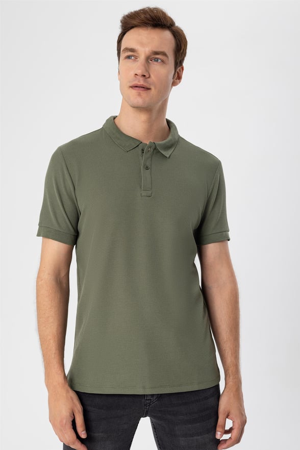 Haki Slim Armürlü Polo Yaka  Tişört