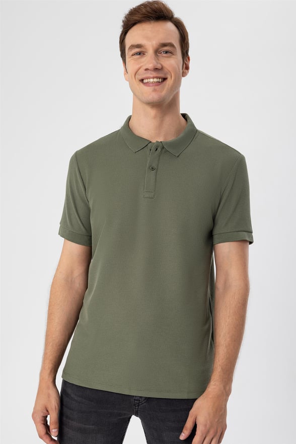 Haki Slim Armürlü Polo Yaka  Tişört