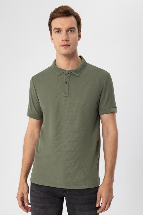 Haki Slim Armürlü Polo Yaka  Tişört