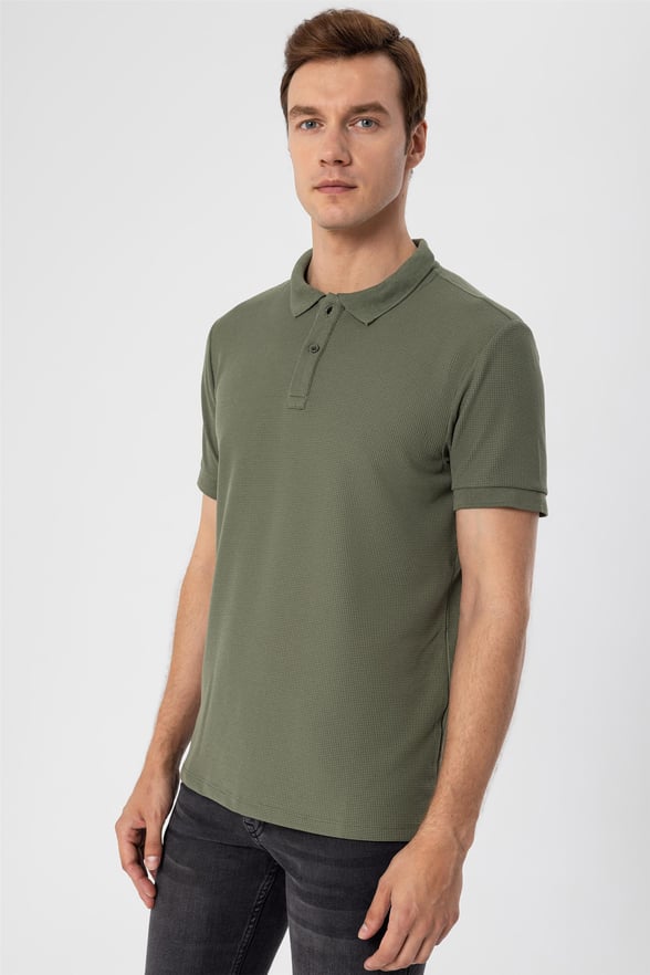 Haki Slim Armürlü Polo Yaka  Tişört