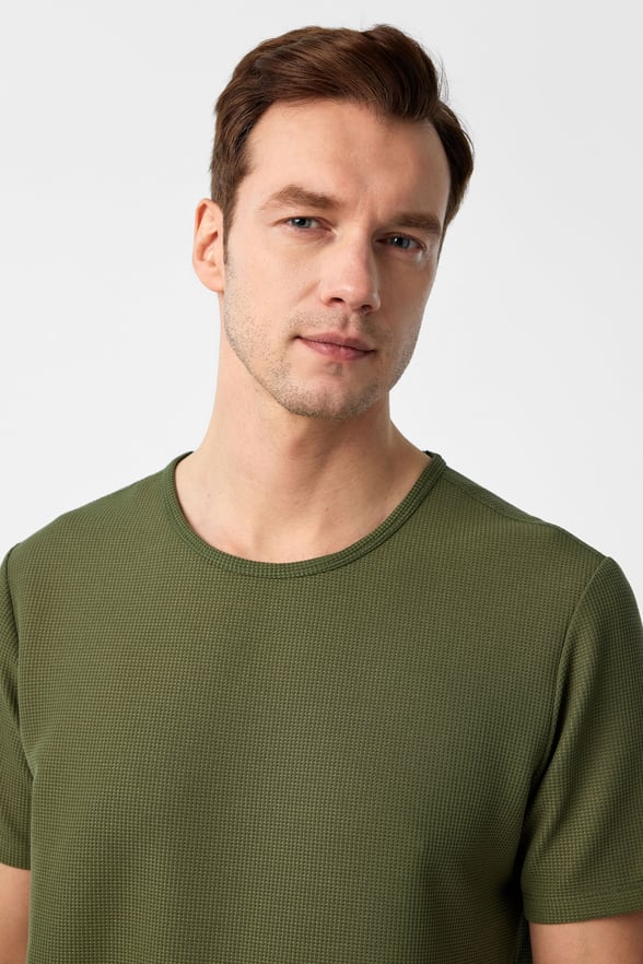 Haki Slim Fit Armürlü Bisiklet Yaka Tişört