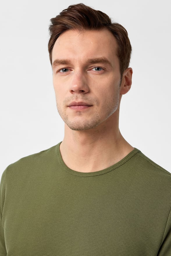 Haki Slim Fit Armürlü Bisiklet Yaka Tişört