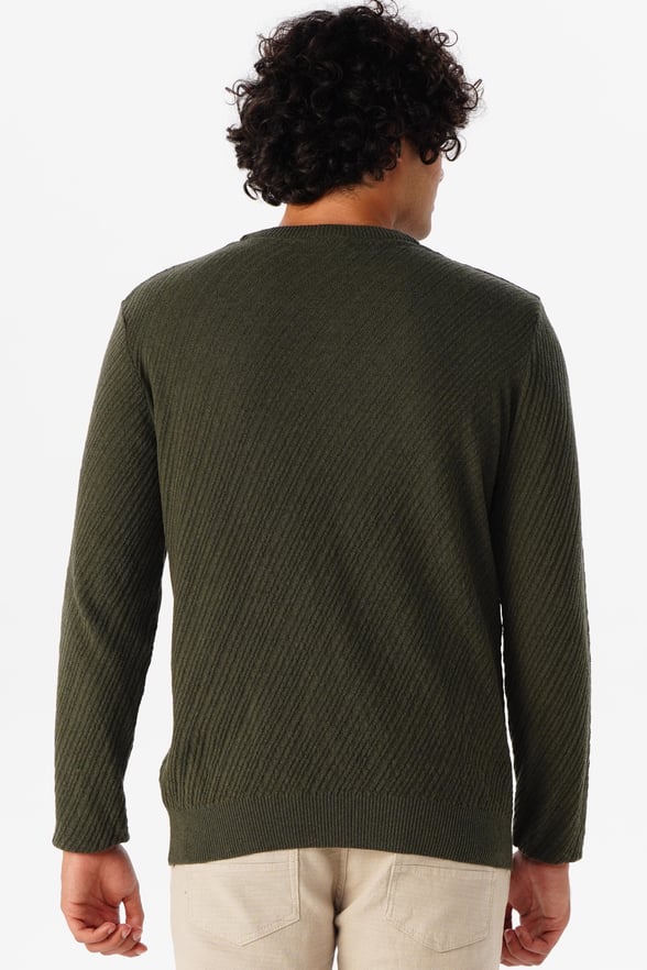 Haki Slim Fit Armürlü Bisiklet Yaka Triko Kazak