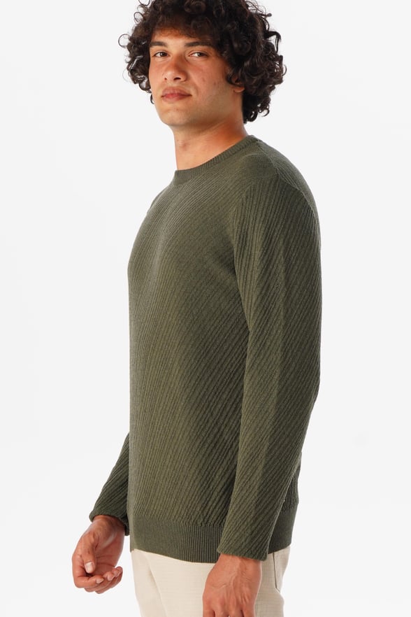 Haki Slim Fit Armürlü Bisiklet Yaka Triko Kazak