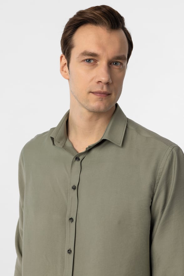 Haki Slim Fit Düz Klasik Yaka Gömlek