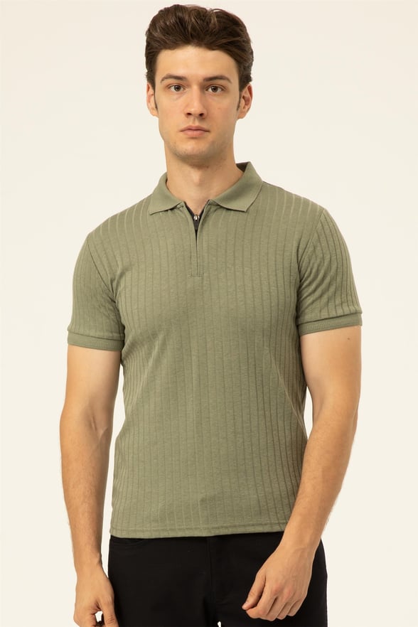 Haki Slim Fitilli Polo Yaka  Tişört