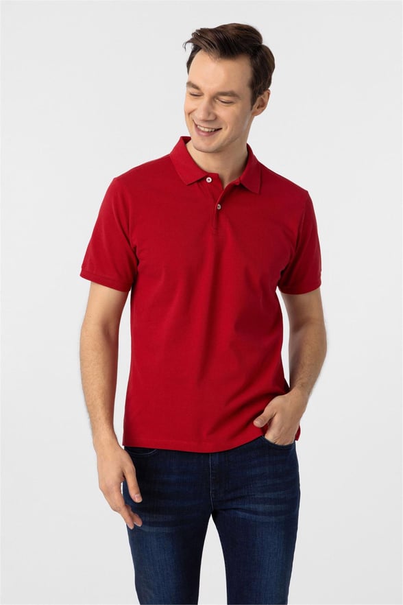Kırmızı Regular Armürlü Polo Yaka Tişört
