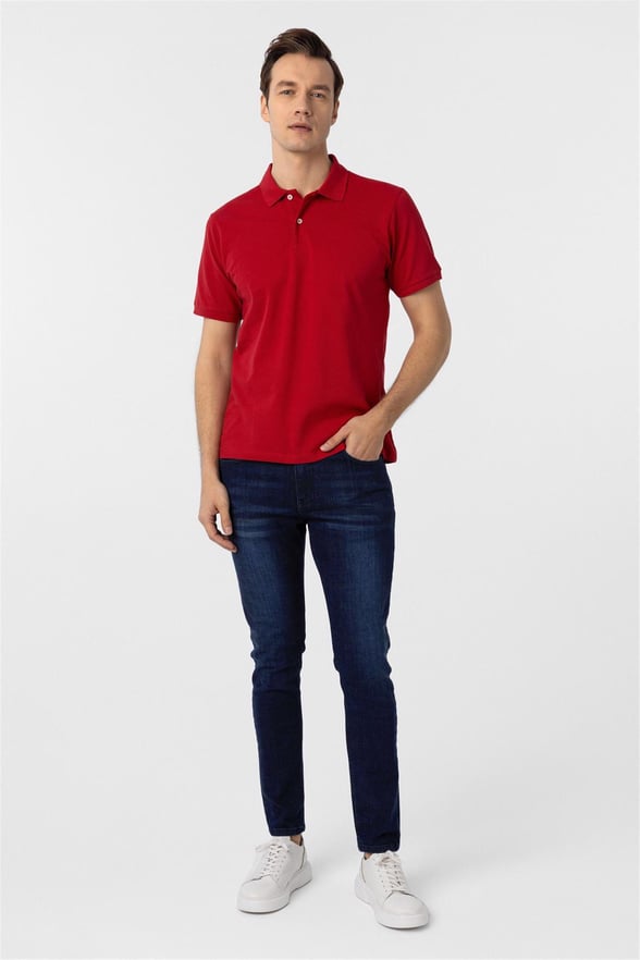 Kırmızı Regular Armürlü Polo Yaka Tişört