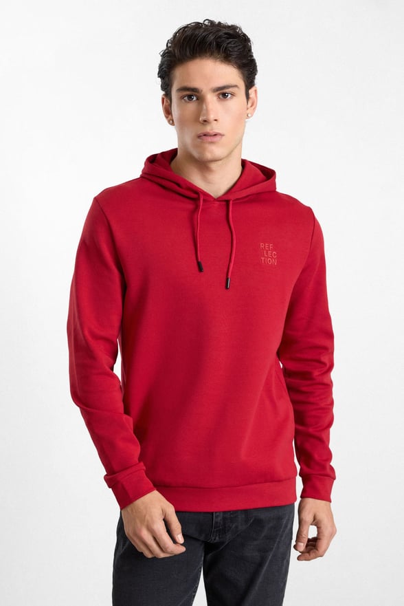 Kırmızı Regular Düz Baskılı İnterlok Kapüşonlu Cepsiz Sweatshirt