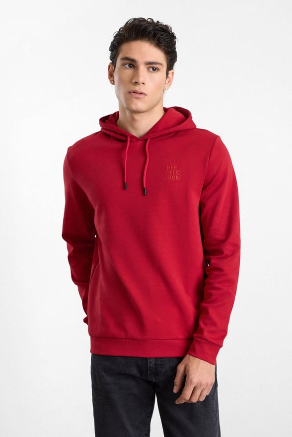 Kırmızı Regular Düz Baskılı İnterlok Kapüşonlu Cepsiz Sweatshirt