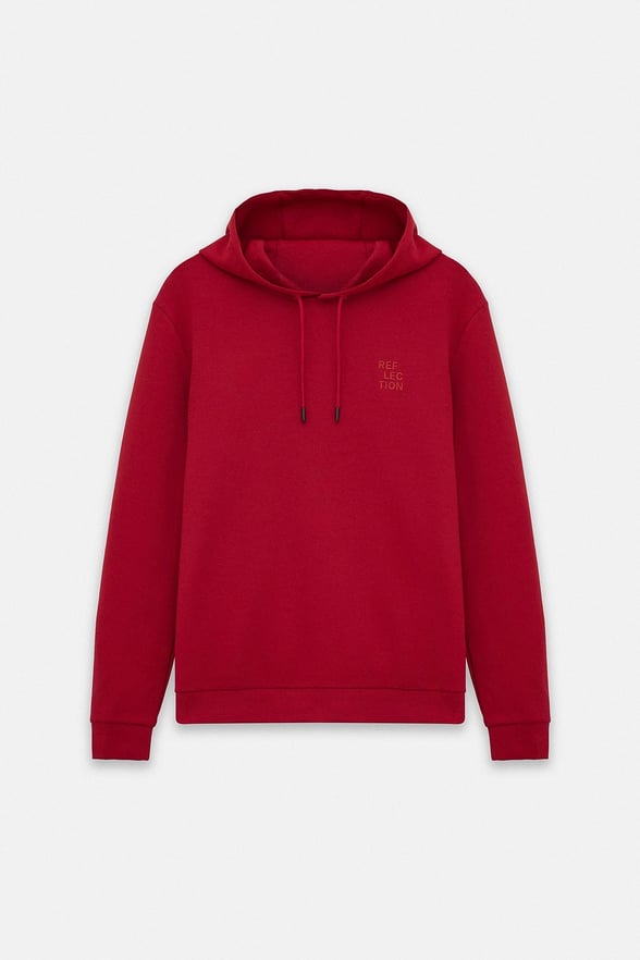 Kırmızı Regular Düz Baskılı İnterlok Kapüşonlu Cepsiz Sweatshirt