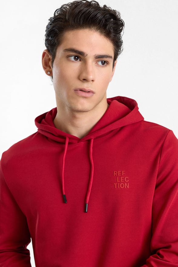 Kırmızı Regular Düz Baskılı İnterlok Kapüşonlu Cepsiz Sweatshirt