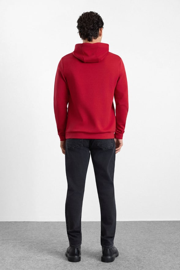 Kırmızı Regular Düz Baskılı İnterlok Kapüşonlu Cepsiz Sweatshirt