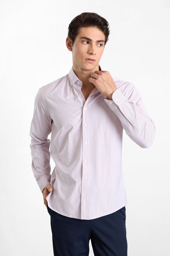 Kırmızı Slim Düğmeli Yaka Dikey Çizgili Armürlü Cepsiz Düğmeli Uzun Kollu Casual Gömlek