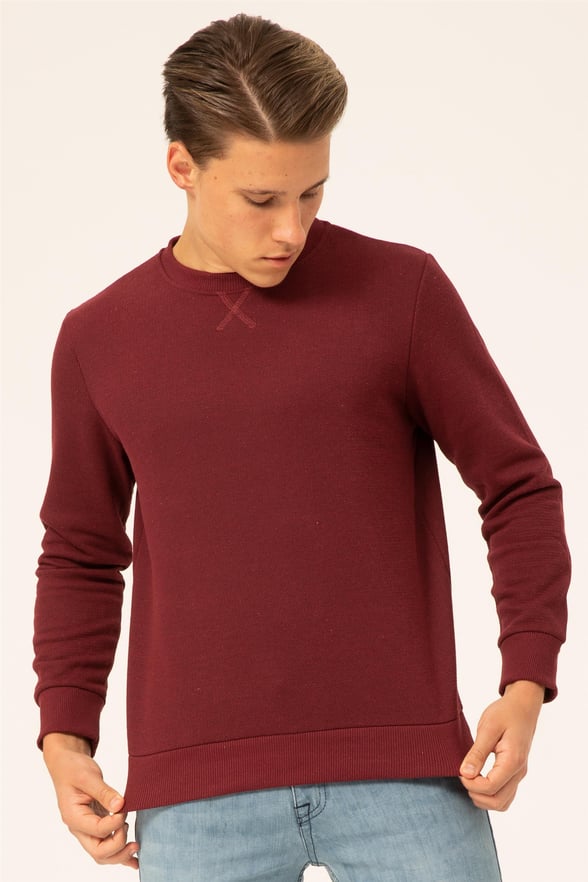 Koyu Bordo Regular Armürlü O Yaka  Sweatshirt