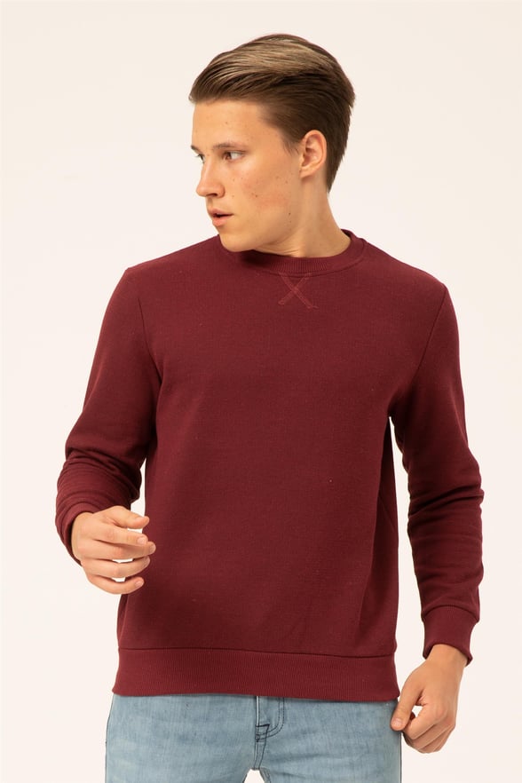 Koyu Bordo Regular Armürlü O Yaka  Sweatshirt