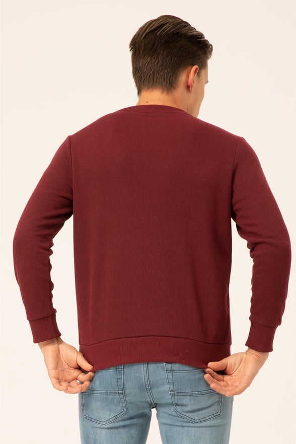 Koyu Bordo Regular Armürlü O Yaka  Sweatshirt