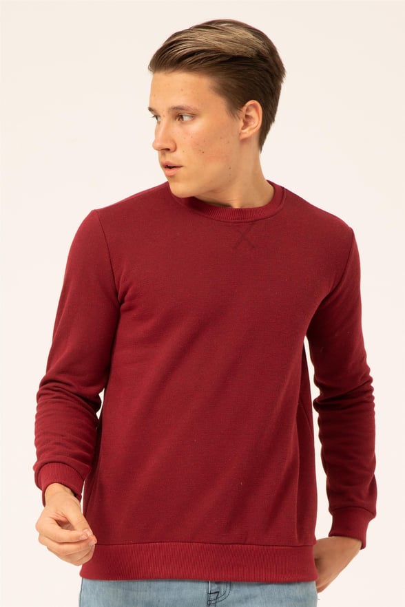 Koyu Bordo Regular Armürlü O Yaka  Sweatshirt