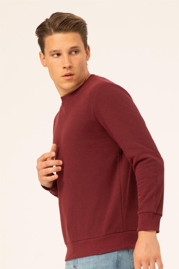 Koyu Bordo Regular Armürlü O Yaka  Sweatshirt