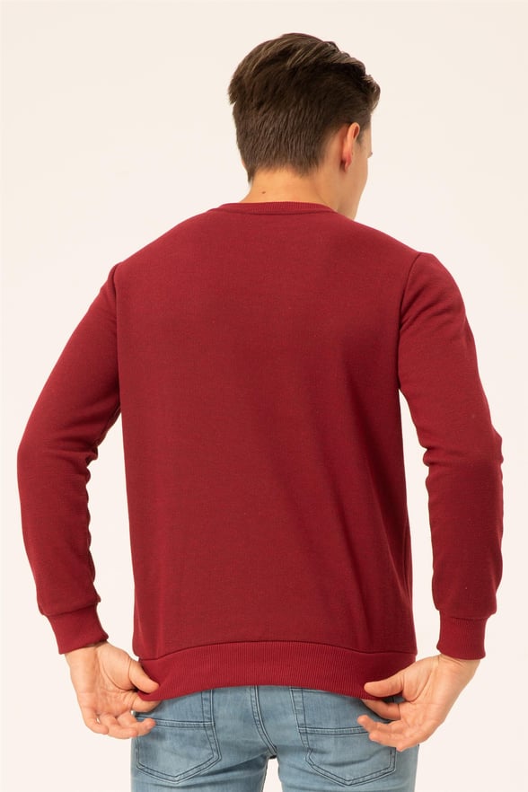 Koyu Bordo Regular Armürlü O Yaka  Sweatshirt