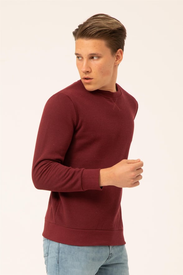 Koyu Bordo Regular Armürlü O Yaka  Sweatshirt