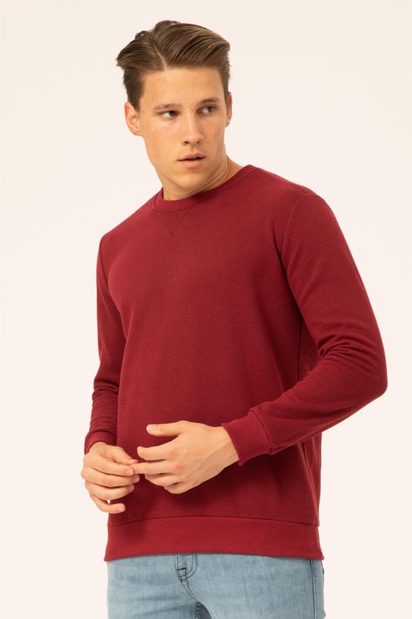 Koyu Bordo Regular Armürlü O Yaka  Sweatshirt