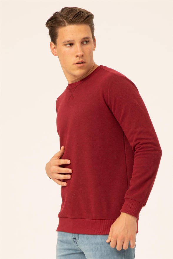 Koyu Bordo Regular Armürlü O Yaka  Sweatshirt