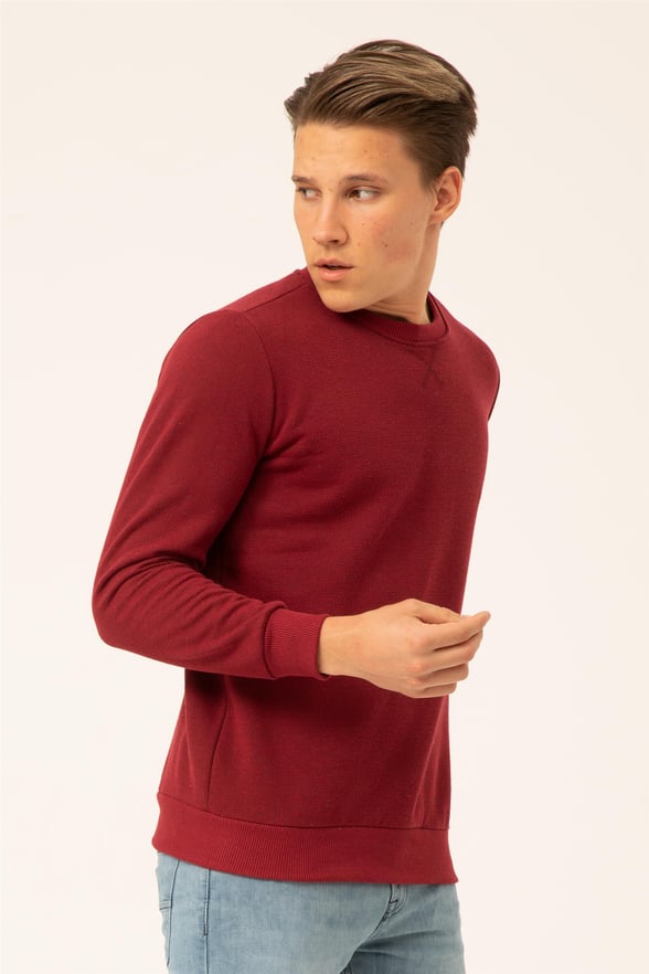 Koyu Bordo Regular Armürlü O Yaka  Sweatshirt
