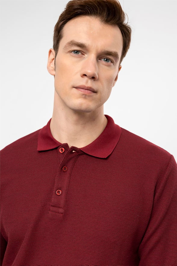 Koyu Bordo Regular Armürlü Polo Yaka  Sweatshirt