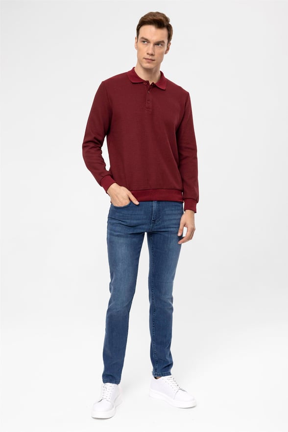 Koyu Bordo Regular Armürlü Polo Yaka  Sweatshirt