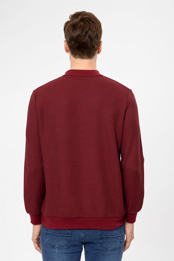Koyu Bordo Regular Armürlü Polo Yaka  Sweatshirt