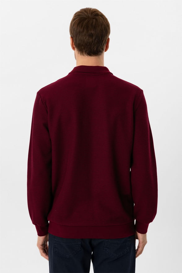 Koyu Bordo Regular Armürlü Polo Yaka Sweatshirt