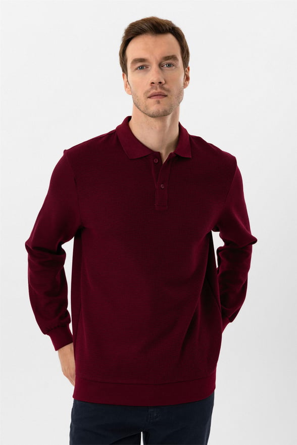 Koyu Bordo Regular Armürlü Polo Yaka Sweatshirt