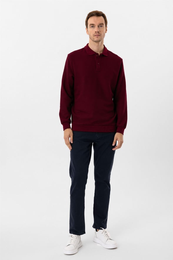 Koyu Bordo Regular Armürlü Polo Yaka Sweatshirt